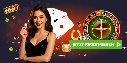 Lächelnde Frau mit Spielkarten und Roulette neben grünem Registrierungsbutton