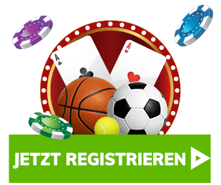 Spielkarten Sportbälle und Jetons vor grünem Registrierungsbutton