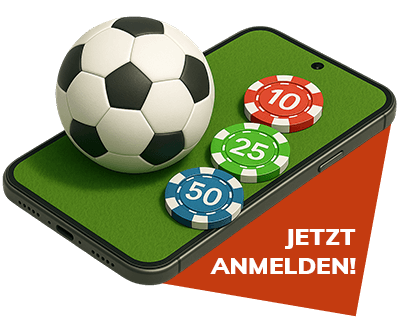 Fussball und farbige Jetons auf einem Smartphone mit rotem Anmeldehinweis