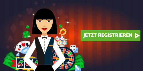 Illustration einer lächelnden Croupière vor Roulettekarten und Münzen mit Registrierungsbutton